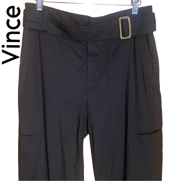 Vince Linen blend Belted half elastic high waist Pants in Black cuffed hem sz M - Picture 3 of 14